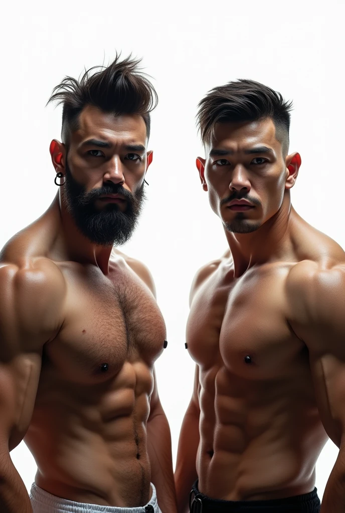 Two Korean hairy men with piercings and showing their well-shaped and ripped chests, well-toned, in front of the white lighting