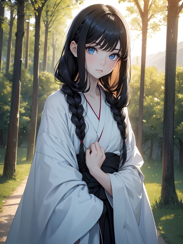 (8K, Best Quality, Masterpiece, Ultra High Resolution) Single Person, 1 Girl, Child, Young, Cute Eyes, Face Details, Pale Skin, Slender, Short, Flat Chest, Dark Black Hair, Long Hair, Braided Hair, Blue Eyes, Formal Kimono, Outside in Field, Best Quality, Upper Body, Looking at the Viewer, Facing Viewer, Close Up