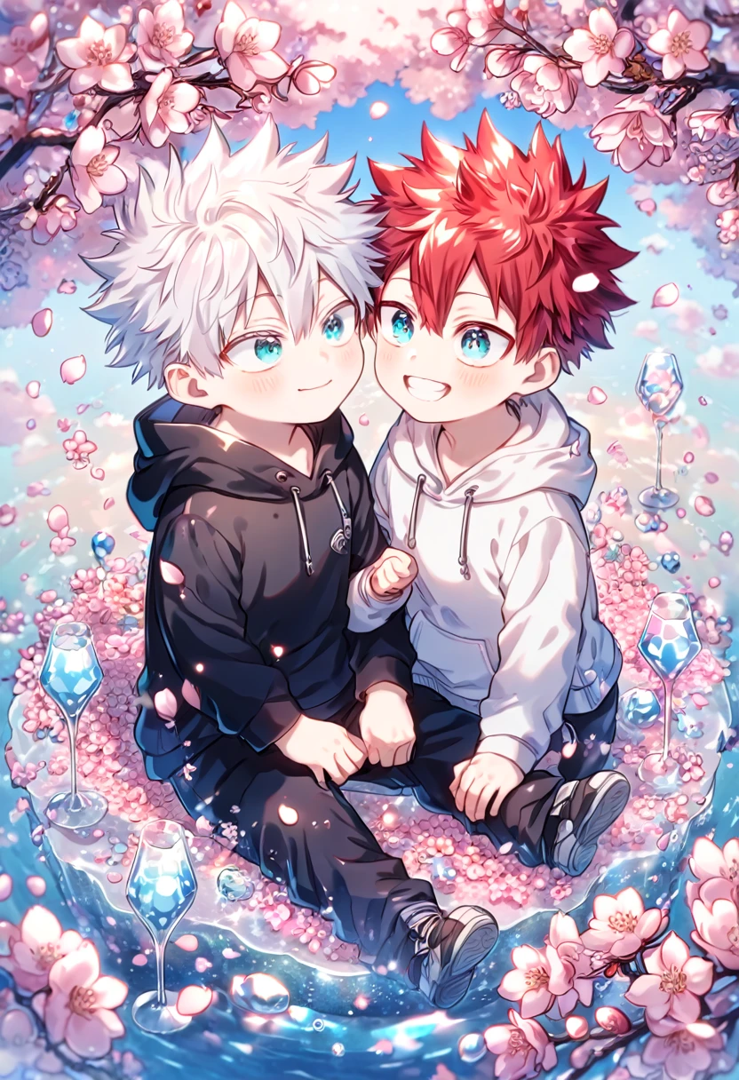 absurdres, highres, ultra detailed, HDR, master piece, best quality, extremely detailed face, delicated features, Gojou Satoru as a , white hair, expressive blue eyes, white eyelashes, Boku No Hero Academia, Todoroki Touya as a kided hair, spiked hair, with bangs, hair between the eyes, expressive turquoise eyes, two kids sng, yaoi, gay couple, small, cute, smiling, black hoodie, white hoodie, fantasy, magical, cherry blossoms, pink flowers, pink birds, pink petals, water, crystal glass, blue sky, Jujutsu Kaisen