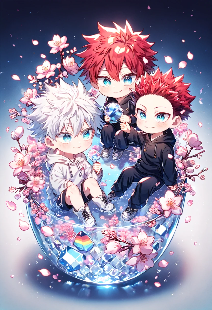 absurdres, highres, ultra detailed, HDR, master piece, best quality, extremely detailed face, delicated features, Gojou Satoru as a kid, white hair, expressive blue eyes, white eyelashes, Boku No Hero Academia, Todoroki Touya as a kid, red hair, spiked hair, with bangs, hair between the eyes, expressive turquoise eyes, two kids sitting, yaoi, gay couple, small, cute, smiling, black hoodie, white hoodie, fantasy, magical, cherry blossoms, pink flowers, pink birds, pink petals, water, crystal glass, blue sky, Jujutsu Kaisen