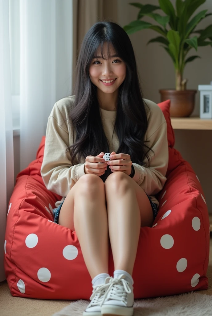 Beautiful woman with fat legs, long straight black hair, wearing fashionable casual clothes, sitting with her back and her face forward on a dice-shaped beanbag, with dice in her hands