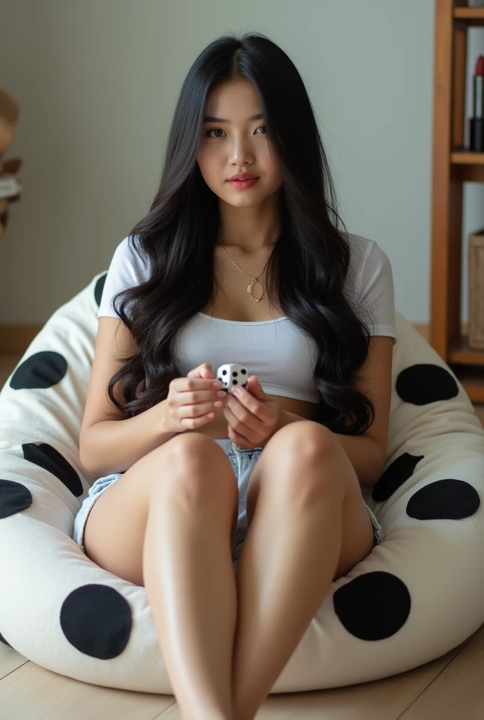 Beautiful woman with fat legs, long straight black hair, wearing fashionable casual clothes, sitting with her back and her face forward on a dice-shaped beanbag, with dice in her hands
