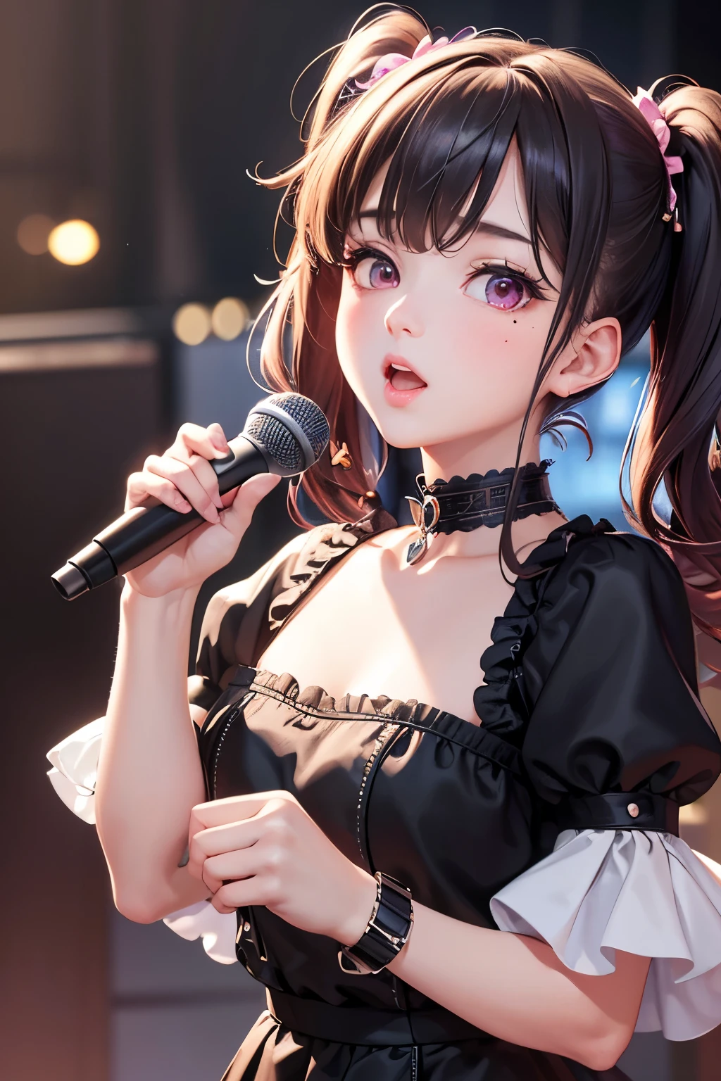 masterpiece, best quality, highly detailed, high resolution, expensive resolution, high resolution, 4K, 8k, Unity 8k wallpaper, highly detailed CG, masterpiece, 2D, 3D, beautiful details, depth, fine texture, best quality: 1.3, perfect focus, crisp skin, him, very cute, 20s girl, idol, holding a microphone and singing, short twin tails, mole under eye, looking at the viewer, expensive, blush, mole, open lips, heart shaped choker, pink eyes
