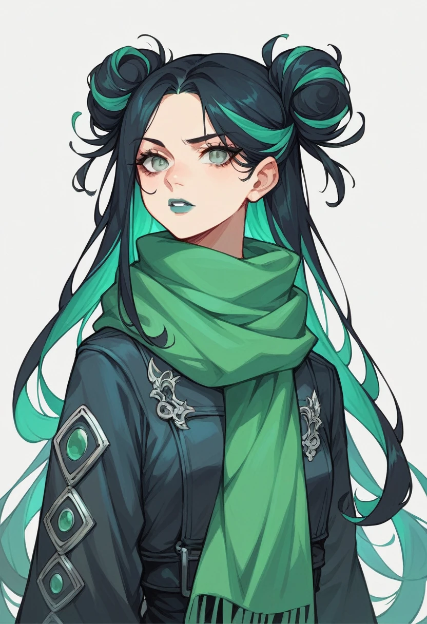 Anime woman with long hair, green colored hair with black highlights , blue lipstick , two buns , green eyes , longer hair , still female , long scarf ,light battle outfit , long hair , woman , blind grey eyes