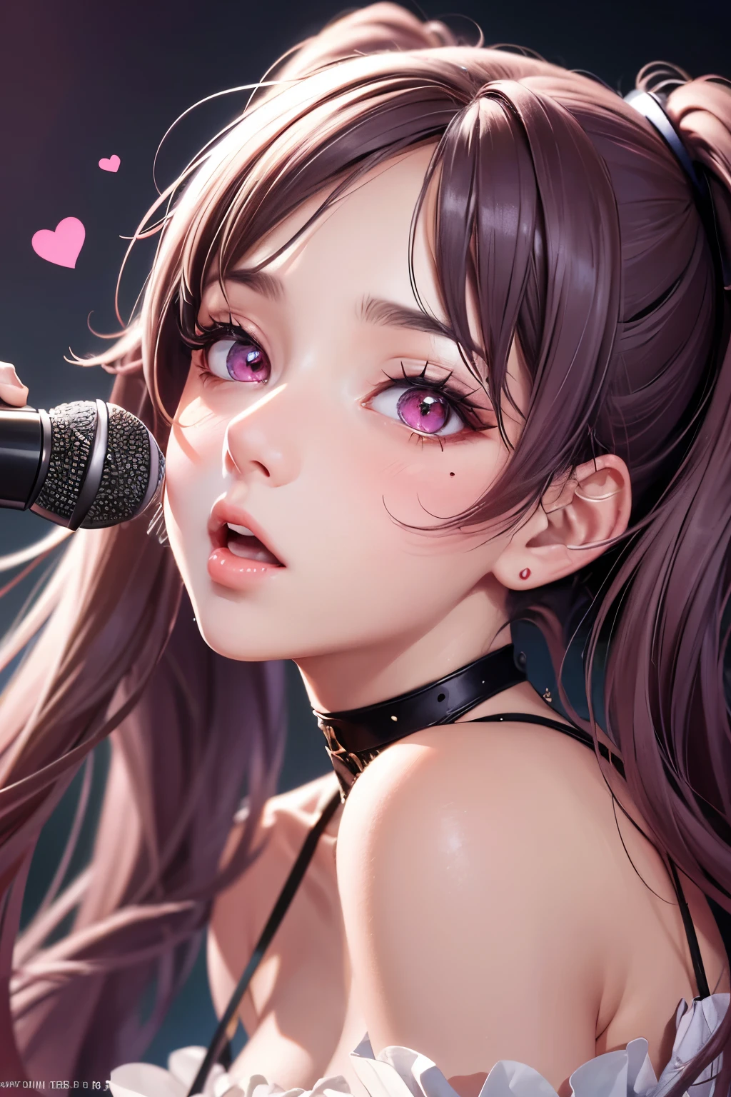 masterpiece, best quality, highly detailed, high resolution, expensive resolution, high resolution, 4K, 8k, Unity 8k wallpaper, highly detailed CG, masterpiece, 2D, 3D, beautiful details, depth, fine texture, best quality: 1.3, perfect focus, crisp skin, him, very cute, 20s girl, idol, holding a microphone and singing, short twin tails, mole under eye, looking at the viewer, expensive, blush, mole, open lips, heart shaped choker, pink eyes