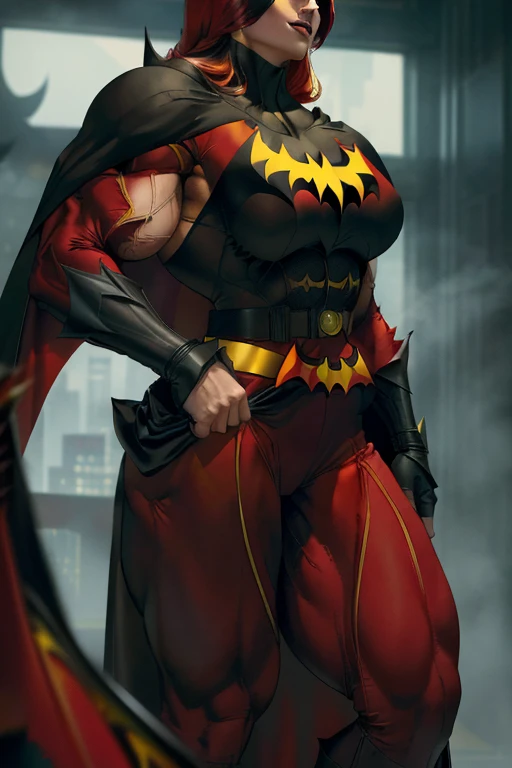 (((Close-up))), tall, (red hair) beautiful muscular asian woman, (long hair), pale white skinned, closed smile, large breast, (black lipstick), (massive muscles), (hyper muscle), ((ginormous bulky muscles)), yellow eyes, ((((red batwoman suit, cape)))), (((Batwoman pants with belt))), gauntlets, choker, boots, (in gotham city)