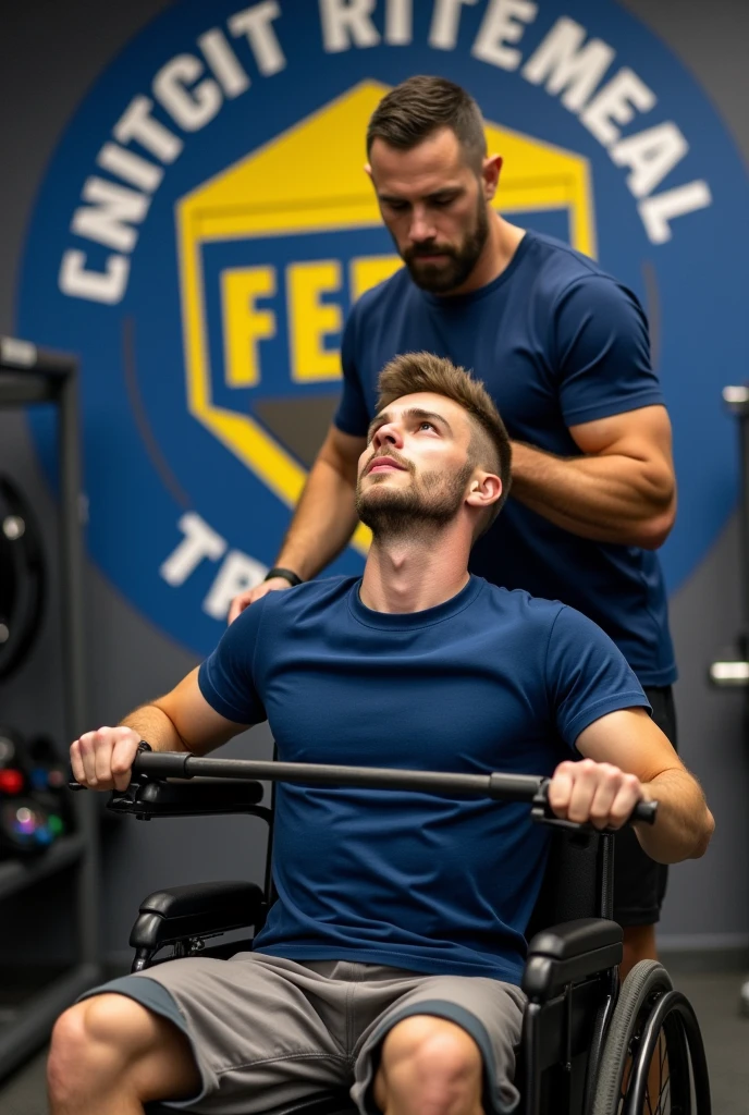 Have a weight training student who is in a wheelchair perform low rows on the machine and have his personal trainer assist him with the workouts.. Make both with a navy blue t-shirt and in the background a banner saying FEPI in blue and yellow.