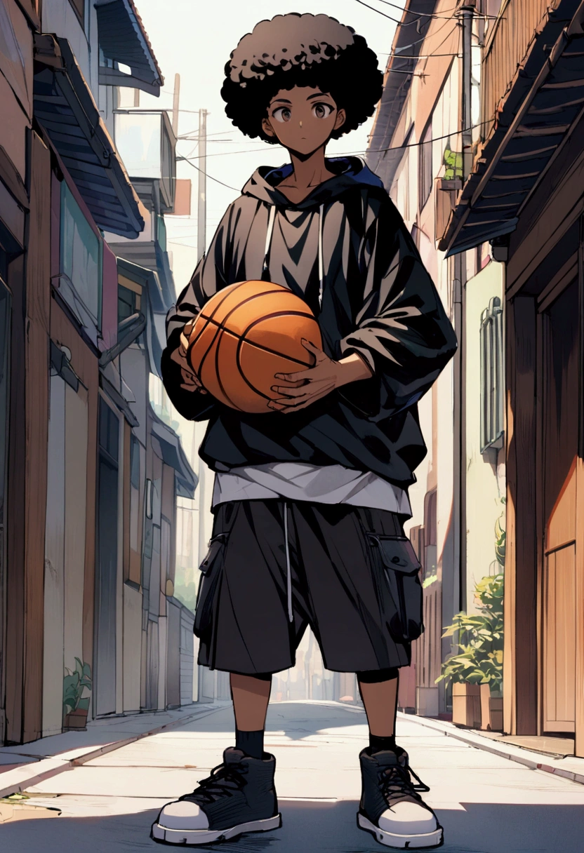a boy man, short afro hair, black man wearing baggy clothes, looking like a skater, standing holding a basketball