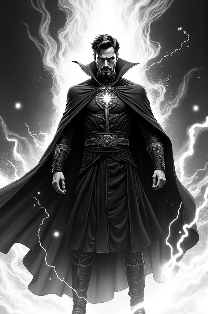 Create a black and white drawing of Doctor Strange's cover art 
