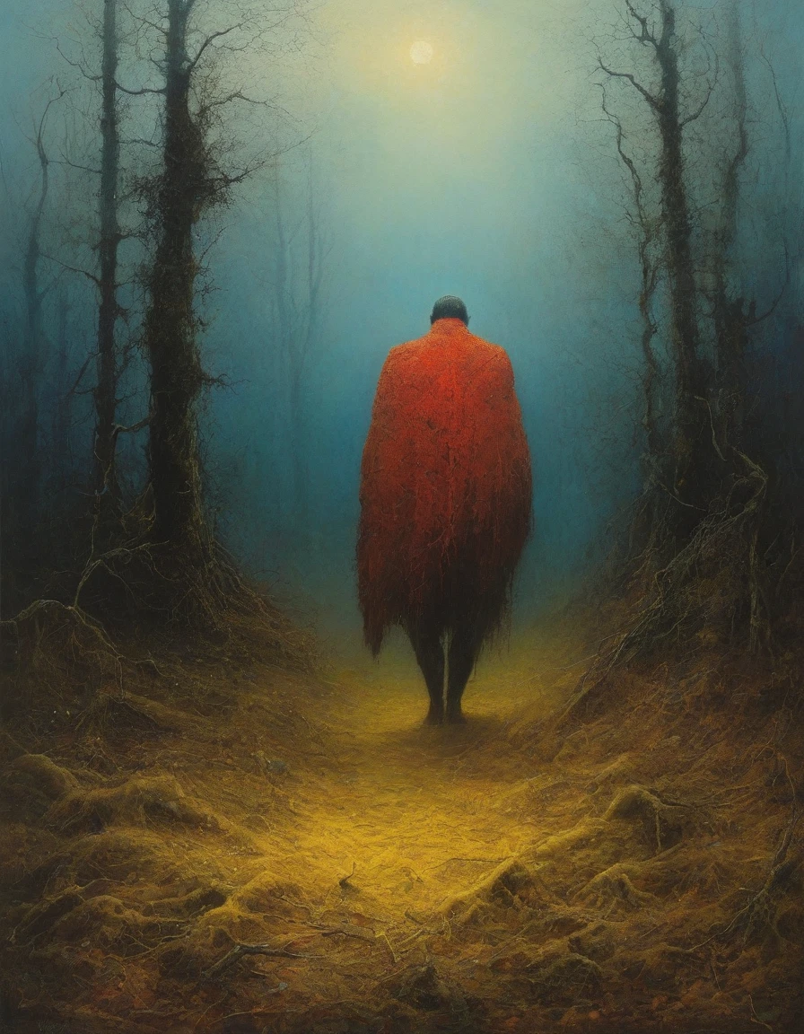 man body on ground, leaviing soul by zdzislaw beksinski,  ( 3rd person view but extremely beautiful:1.4), (masterpiece, best quality:1.4) , in the style of nicola samori, flying soul leaving man's body on ground , intricately detailed , dark forest , grass, 1982 dark fantasy, gritty textured, volumetric lighting, bioluminescent, chalky yellow, devil red, dusty blue