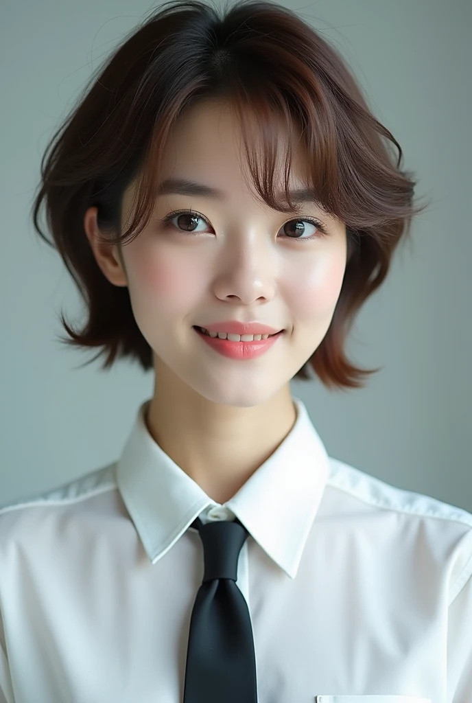 there is a woman wearing a tie and a white shirt, with short hair, beautiful south korean woman, korean girl, sun yunjoo, cute korean actress, gorgeous young korean woman, lee ji-eun, lee ji - eun, xintong chen, neat hair with bangs, short brown hair with bangs, beautiful young korean woman, heonhwa choe
