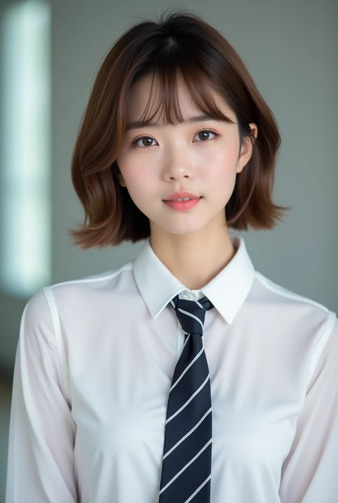 there is a woman wearing a tie and a white shirt, with short hair, beautiful south korean woman, korean girl, sun yunjoo, cute korean actress, gorgeous young korean woman, lee ji-eun, lee ji - eun, xintong chen, neat hair with bangs, short brown hair with bangs, beautiful young korean woman, heonhwa choe