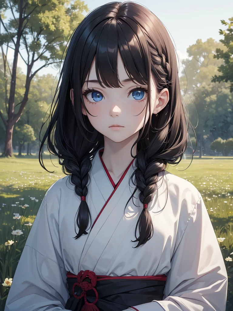 (8K, Best Quality, Masterpiece, Ultra High Resolution) Single Person, 1 Girl, Child, Young, Cute Eyes, Face Details, Pale Skin, Slender, Short, Flat Chest, Dark Black Hair, Long Hair, Braided Hair, Blue Eyes, Formal Kimono, Outside in Field, Best Quality, Upper Body, Looking at the Viewer, Facing Viewer, Close Up