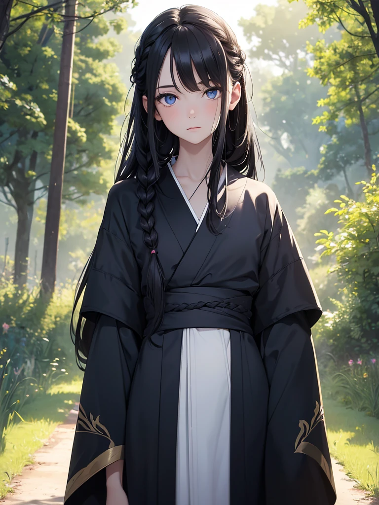 (8K, Best Quality, Masterpiece, Ultra High Resolution) Single Person, 1 Girl, , Young, Cute Eyes, Face Details, Pale Skin, Slender, Short, Flat Chest, Dark Black Hair, Long Hair, Braided Hair, Blue Eyes, Formal Kimono, Outside in Field, Best Quality, Upper Body, Looking at the Viewer, Facing Viewer, Close Up