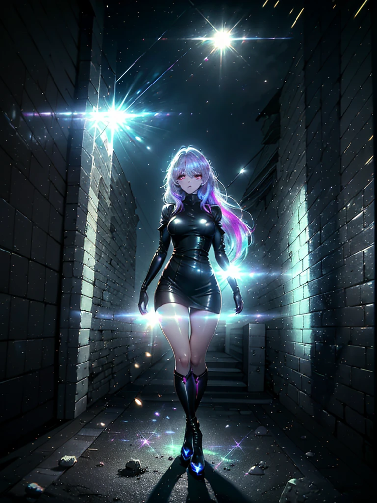 Girl with long white hair down to her waist, with small red details, red eyes, long black dress with a leg slit, with red details, long black boots up to below the knees, white skin, the ground around her is cracking and small stones are floating around her surrounded by a black aura, she is surrounded by shadows, and the background is dark like the night with the universe and stars, her presence causes fear, her shadow appears to be a monster, 8k, high quality, full body, (ultra-realistic), {extremely detailed 8k CG unit wallpaper}, expansive landscape photograph, (light: 2.0), (warm light source: 1.5), complex details, (iridescent colors: 1.5), (bright lighting), (atmospheric lighting), surreal, impressive, fantasy, (Solo: 1.2), White moon