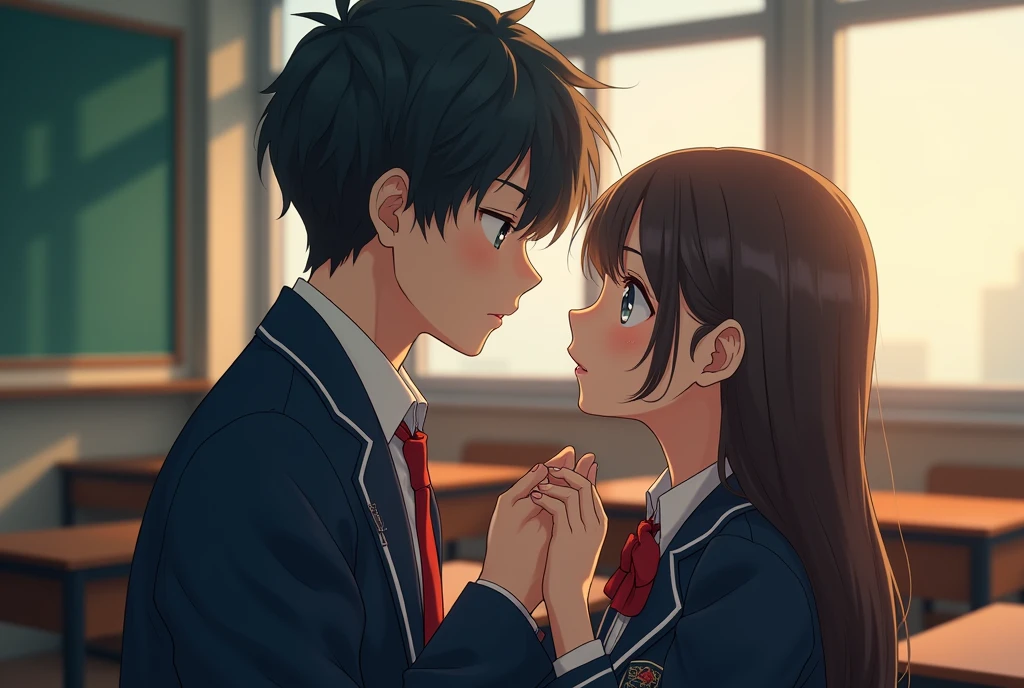 a teenage girl in high school uniform, a senior high school boy, school classroom, confession of love, manga style, dramatic lighting, intricate details, vivid colors, cinematic framing, masterpiece, (best quality,4k,8k,highres,masterpiece:1.2),ultra-detailed,(realistic,photorealistic,photo-realistic:1.37),dramatic lighting,intricate details,vivid colors,cinematic framing,romantic,emotional,heartwarming,manga,anime