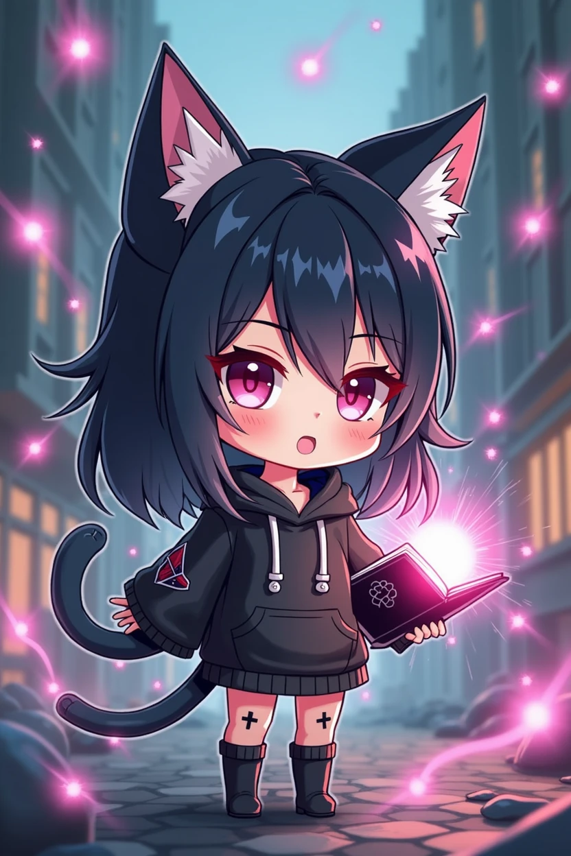 Anime figure of a girl with cat ears, hooded sweatshirt, Anime moe art style, demon slayer rui fanart, chibi!!! Catgirl, Chibi Anime Girl, black-haired magician white strands with black open magic book with decorations in one hand, Anime-Chibi, anime Catgirl, Mihoyo art style, advanced digital chibi art, chibi art, black and white clothing, Several magic circles in different colors fly around the girl, background destroyed city