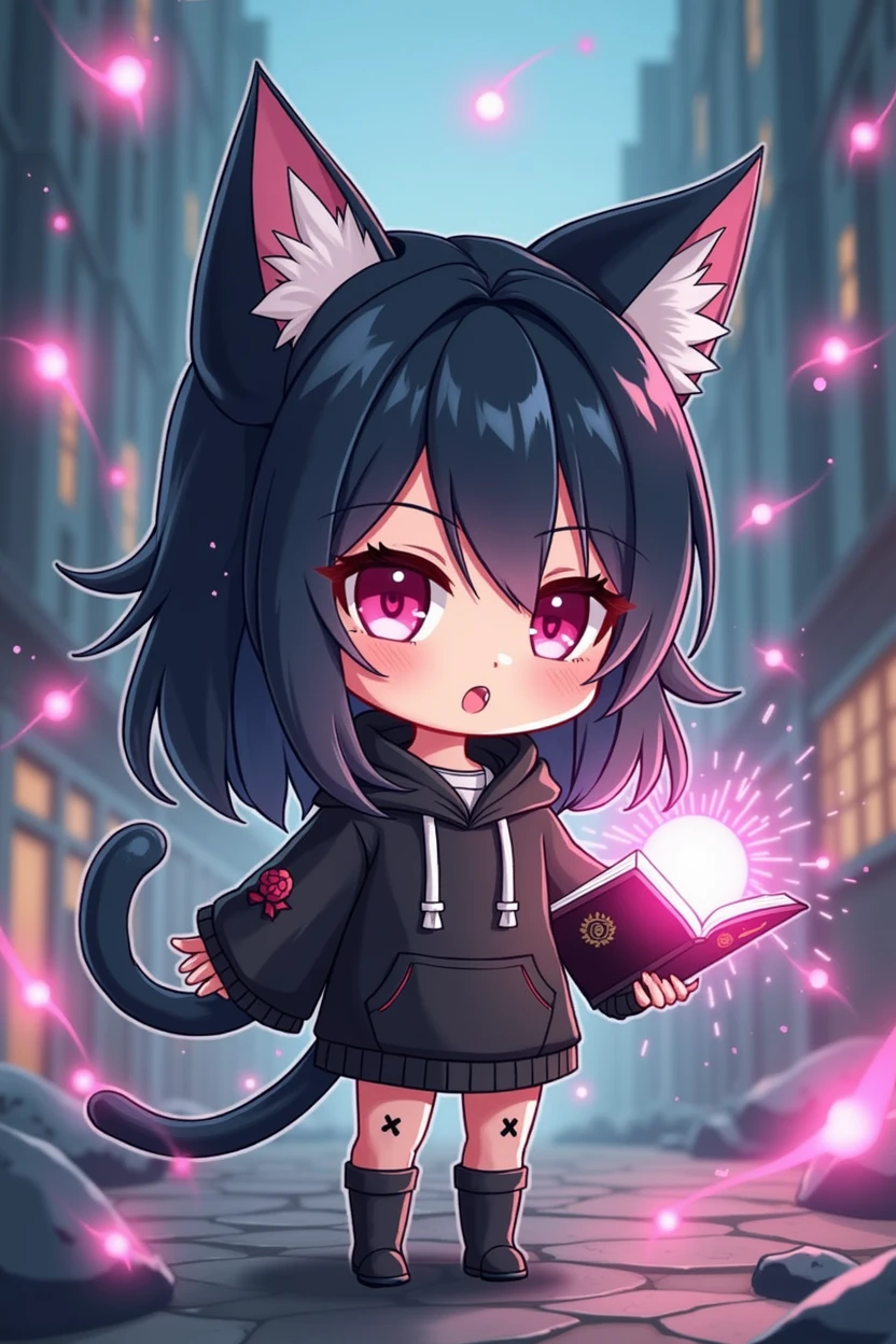 Anime figure of a girl with cat ears, hooded sweatshirt, Anime moe art style, demon slayer rui fanart, chibi!!! Catgirl, Chibi Anime Girl, black-haired magician white strands with black open magic book with decorations in one hand, Anime-Chibi, anime Catgirl, Mihoyo art style, advanced digital chibi art, chibi art, black and white clothing, Several magic circles in different colors fly around the girl, background destroyed city