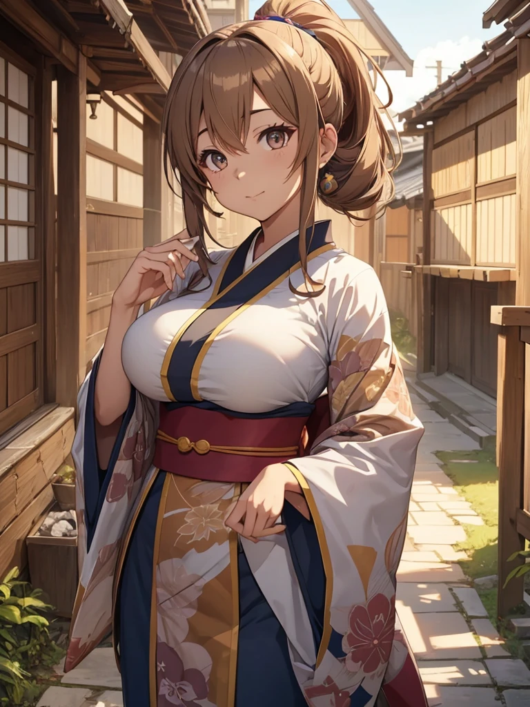 (Wiz from Konosuba), 1woman, wearing a long Japanese kimono, at a village, big breasts, (light brown colour hair), (one eye covered by hair), 8k, high detailed, high quality