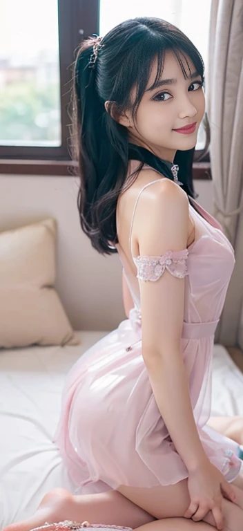 Beautiful, cute baby Face, 17 Years old russian lolita Girl, blue eyes, high ponytail hair, black hair, hair ornaments, wearing sexy pink mini kebaya dress, micro skirt, Rounded medium Breast, cleavage cutout, slightly Chubby , luxury necklace, White Skin, Smiling, bedroom Background, full body portrait, high heels, Perfect Potrait, Bokeh Effect, Look at Viewer, Armpit, Perfect Eye, Perfect Hand, Perfect Finger, Bracelet, Ring, ((adorable:1.2)), ((masterpiece:1.1)), ((bokeh:1.2)),two 18 year old tween girls trying on cute clothes, two close friends, colored hair, collar, skinny body, detailed pupils, beautiful face, perfect faces like young asian models, tattoo, touching each other, back straps, innocent expression, enticing, full body showing legs, garter with stockings, good lighting, high heels, cute glasses, kawai cosplay girls, strapped colored dresses with cutouts slits, bright playful, thin model, cute young teen girls. two girl kissing,,(bright lighting,romantic setting),dreamy background,,dark hair, mesmerizing gaze, , soft skin, alluring beauty, artistic portrait, high-quality image, vibrant colors,translucent long silk gown, mosquito net, lying down, romantic bedroom,bondage