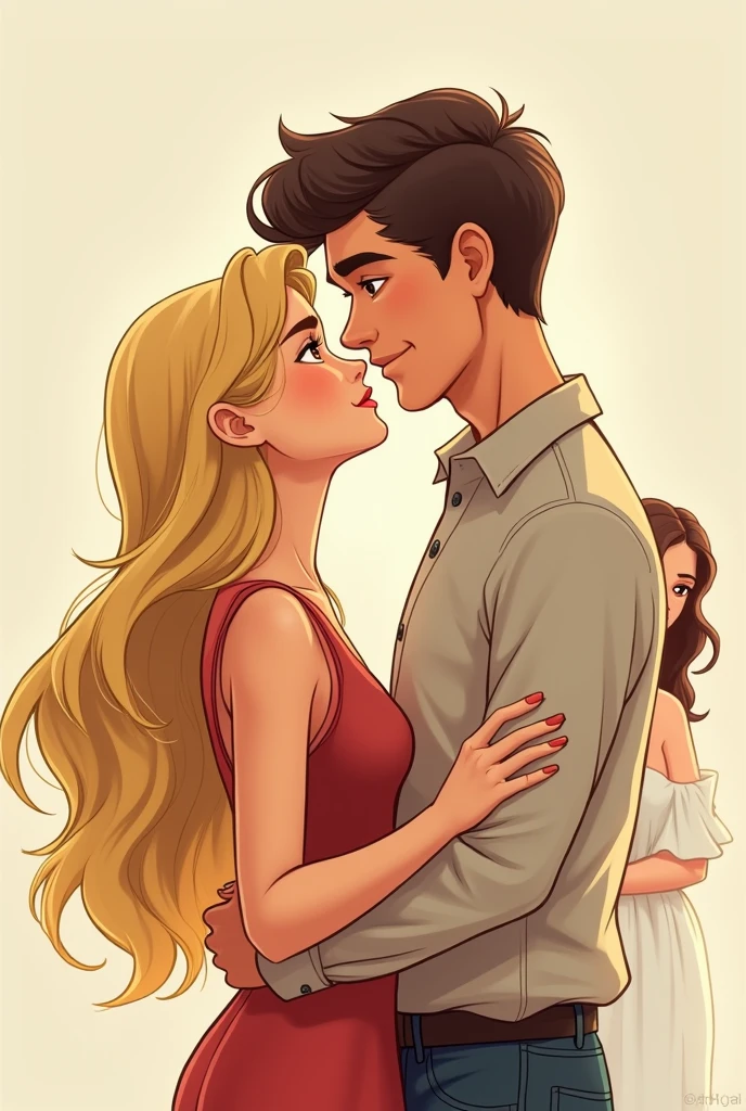 Create a Disney-style drawing with three people. 

a straight couple, the couple is blonde and a sad brunette girl in the background because the guy is leaving with ther.. 