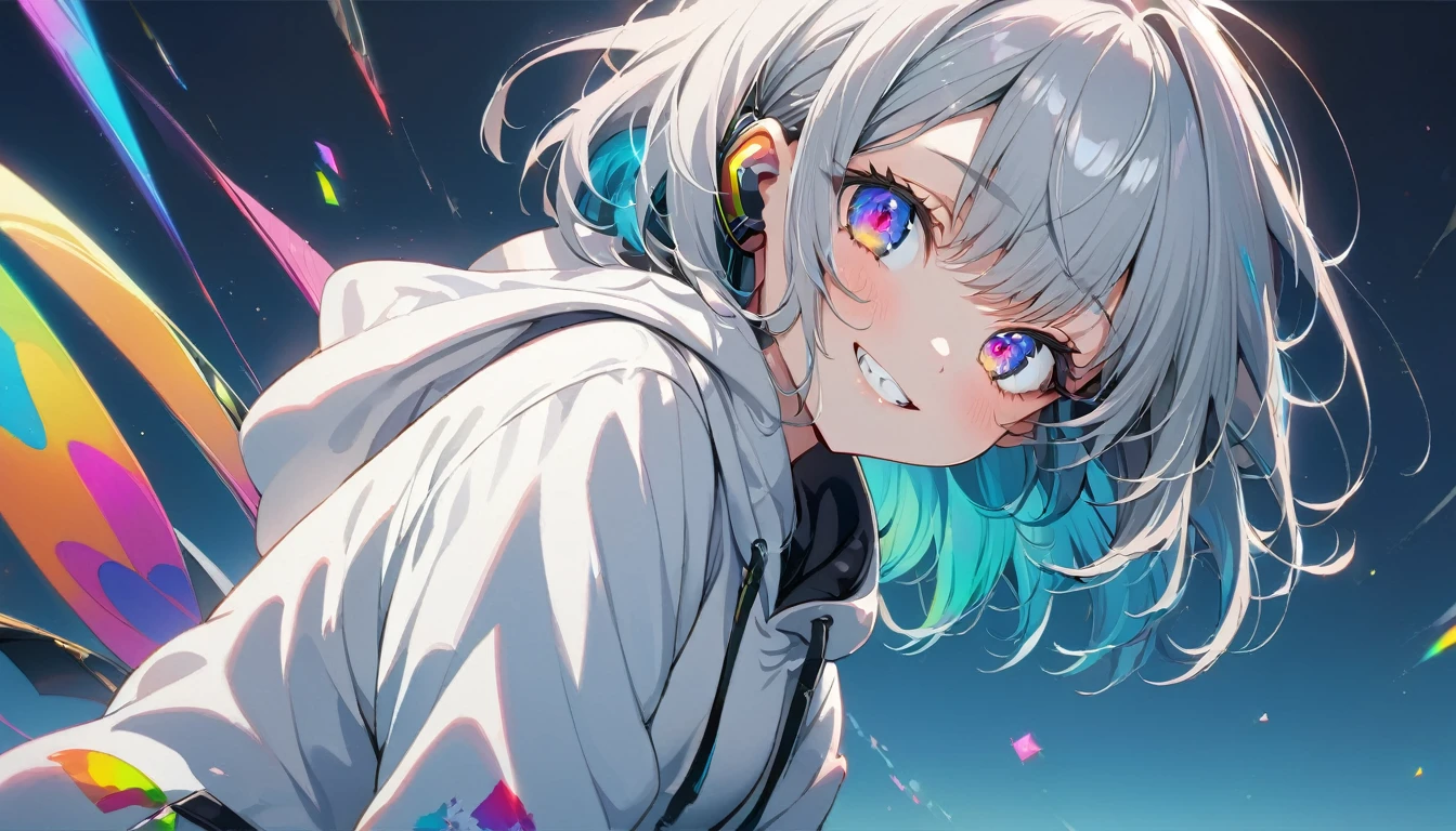((masterpiece)), ((Highest quality)), (anime:1.3), (Super Detail:1.2), (High resolution:1.3), (Professional photography:1.3), cute young Girl, (fly in the sky:2), Shiny, unruly hair, (Loosely swayed bangs), (Silver Ash Hair), Medium Hair, Big eyes, (Sagging under the eyes:1.3), (Long eyelashes), colorful eyes, (Wicked smile and blush), Glossy Lips, (Jagged teeth), ((Oversized white hoodie)), bare hands, cute, (Put your hands in your pockets), (colorful:1.3), Gothic Makeup, Headphones, whole body, (She is not looking at the camera:2), (From the side),
