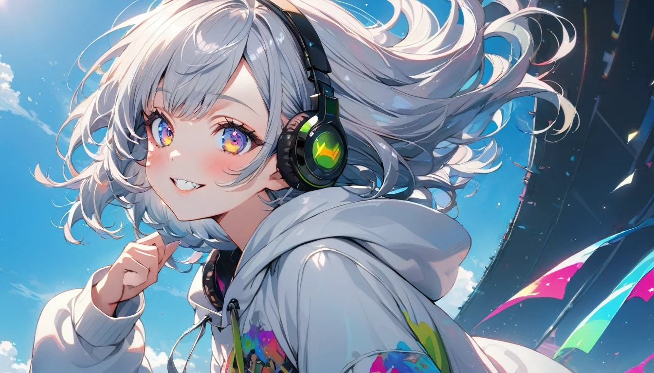 ((masterpiece)), ((Highest quality)), (anime:1.3), (Super Detail:1.2), (High resolution:1.3), (Professional photography:1.3), cute young Girl, (fly in the sky:2), Shiny, unruly hair, (Loosely swayed bangs), (Silver Ash Hair), Medium Hair, Big eyes, (Sagging under the eyes:1.3), (Long eyelashes), colorful eyes, (Wicked smile and blush), Glossy Lips, (Jagged teeth), ((Oversized white hoodie)), bare hands, cute, (Put your hands in your pockets), (colorful:1.3), Gothic Makeup, Headphones, whole body, (She is not looking at the camera:2), (From the side),
