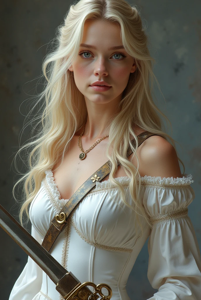 (photorealism:1.2), beautiful girl, 19 years old, blond long hair, blue eyes, wearing a white corse, white girl, whit a sheathed rapier and a holstered automatic pistol, noble, cortesan