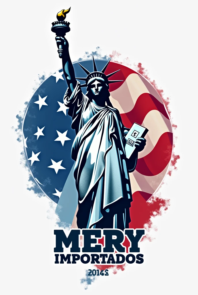 I need to generate a clothing logo that includes the flag of Argentina and the United States, including the Statue of Liberty. . The name of the business must also appear and say MERY IMPORTADOS