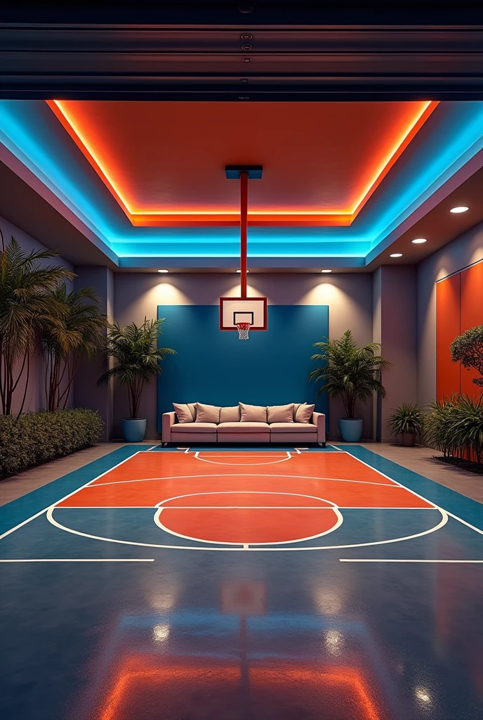 Basketball court in a garage, Sofa am Rand, LEDs on the ceiling