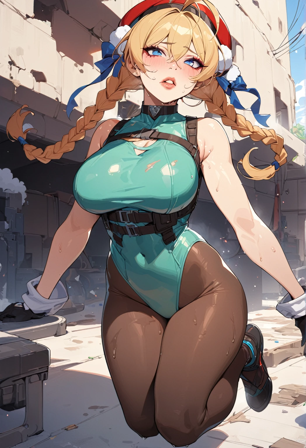 masterpiece,best quality,extreme detail,8k,cammyfn, 1girl, solo, long hair, breasts, blue eyes, blonde hair, large breasts, gloves, red hat, braid, ahoge, twin braids, leotard, lips, makeup, beret, scar, antenna hair, nose, harness, huge ahoge, green leotard,sleeveless, sweaty,sweat, exhausted,sleeveless,cross eye, full body
