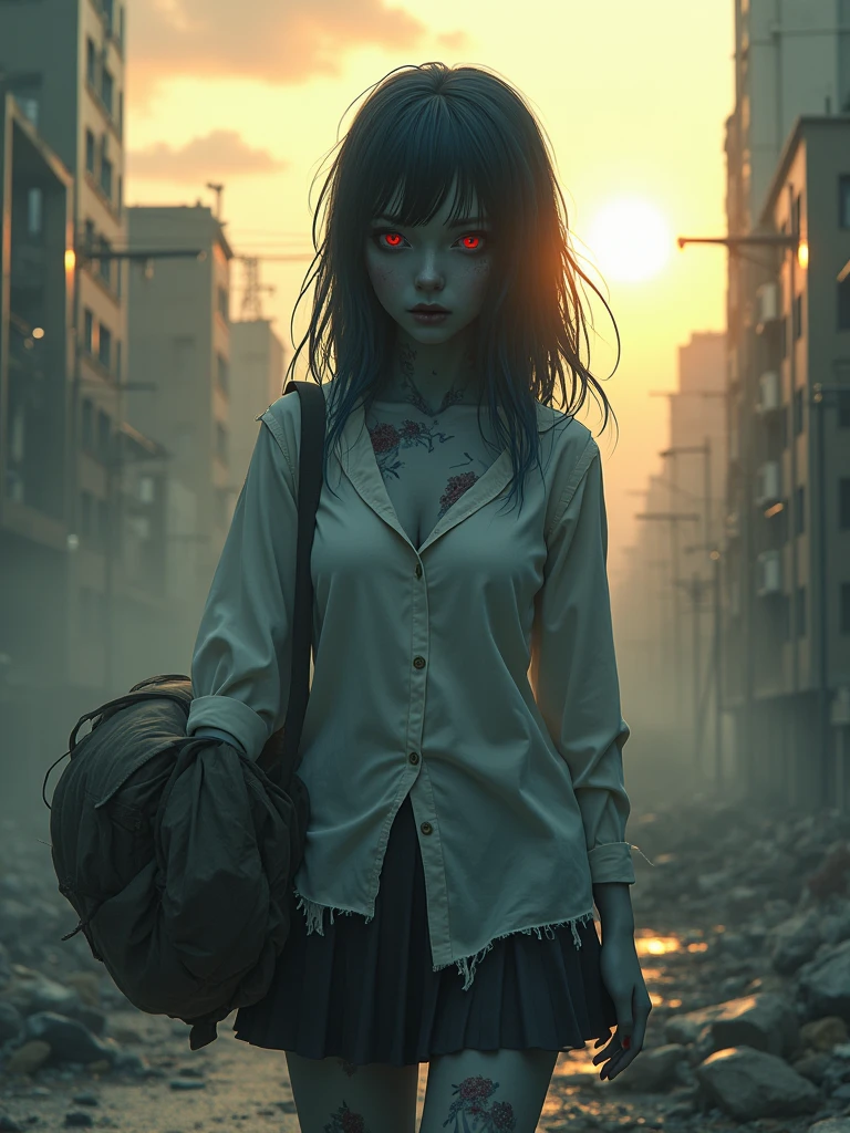 a naked,  japanise beutiful school  zombie, exposing her  from torn tshirt , blue skin, red eyes , looking cute, carrying a dead body of a boyfriend by his shit, walking down a dystopian city, smoke, destruction, golden hour  (NSFW:1.8), sexy, hot