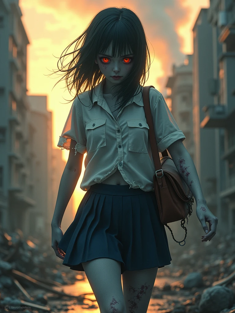 a naked, japanise beutiful school zombie, exposing her from torn tshirt , blue skin, red eyes , looking cute, carrying a dead body of a boyfriend by his shit, walking down a dystopian city, smoke, destruction, golden hour (NSFW:1.8), sexy, hot