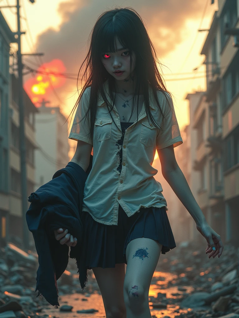 a naked, japanise beutiful school zombie, exposing her from torn tshirt , blue skin, red eyes , looking cute, carrying a dead body of a boyfriend by his shit, walking down a dystopian city, smoke, destruction, golden hour (NSFW:1.8), sexy, hot