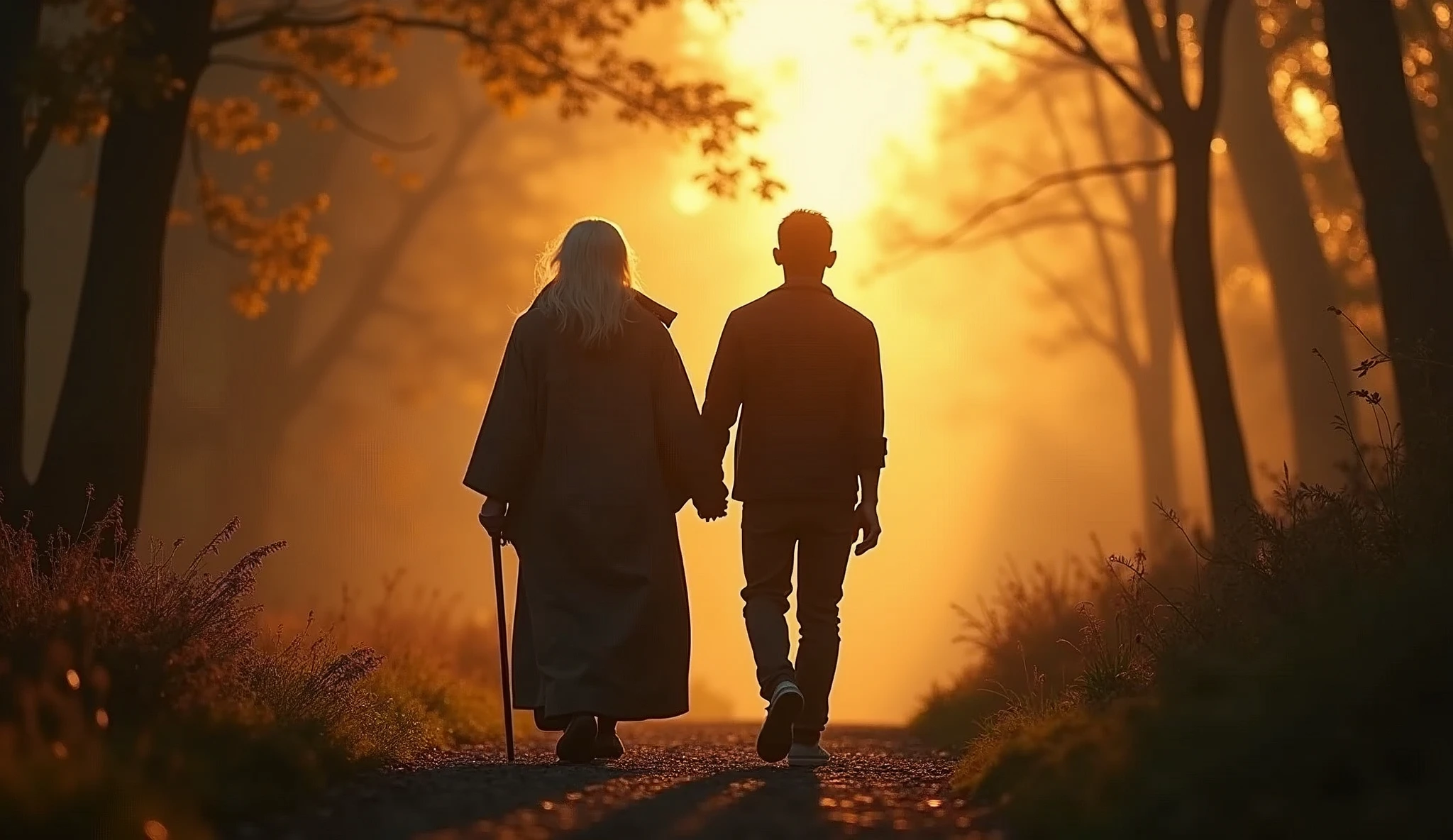 Silhouette of an elderly spirit, wise, walking with a young black man