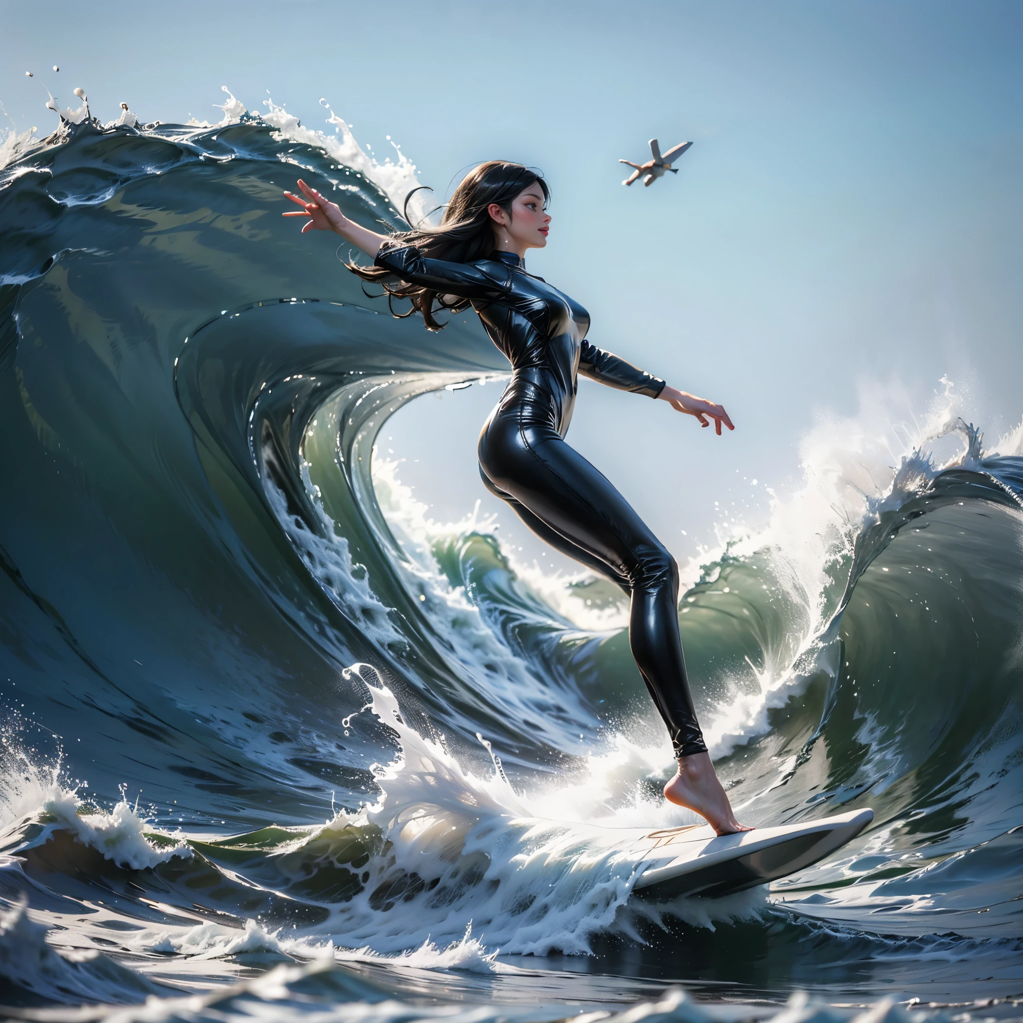 (Luminism:1.28), Side view、(TopQuality 8K Masterpiece) (ProfessionalPHOTO:1.37) Extremely Detailed (A girl standing on a surfboard riding a wave), Colorful morning Glory Rays、(balancing on a Life Size surfboard:1.28), (There is Only one surfboard under her feet:1.37) Sparkling Waves Splashing water Particles, Glowing Wet Hair、hourglass body type、Dynamic motion blur, Perfect Hand、(Surfing Photos:1.4)