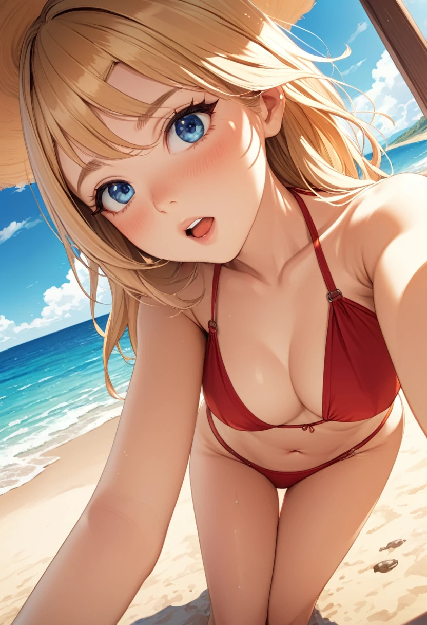 absurderes:2.0、realistic, Unity 8K Wallpaper, Masterpiece, Realistic face, Realistic skin feeling ,detailed hair, highly detailed, realistic glistening skin, Cute Girl, Perfect face, Innocent smile, charming oval face, Glossy skin, patterned micro bikini、sunny beach, looking up flirtatiously, ((from below:1.6, blond hair、big breasts)), full body:1.3
