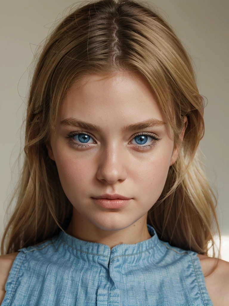 Cute girl blond hair blue eyes realistic detail face. I want to see her neck and shoulders like a portrait