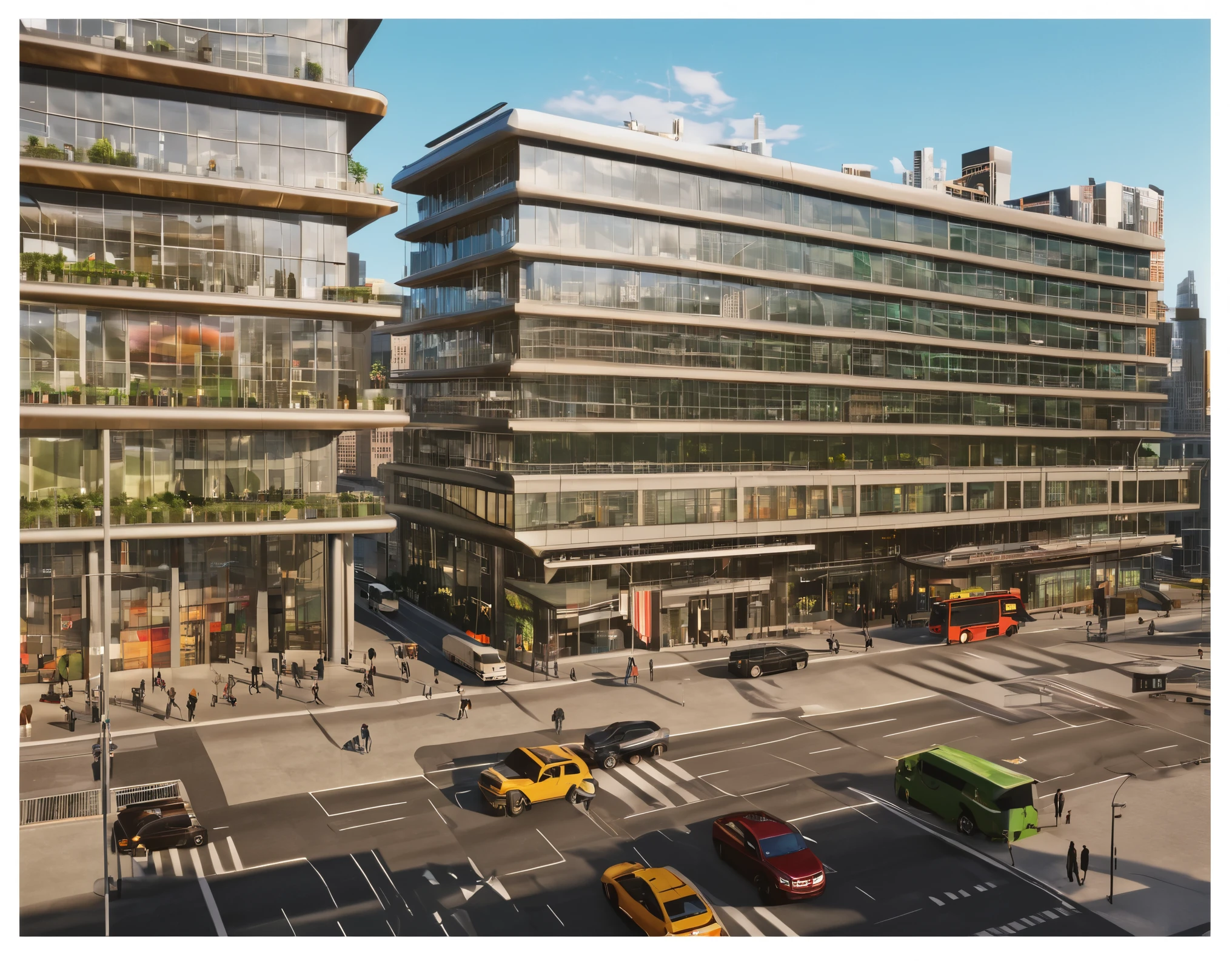 a photo-realistic cityscape in 2025, modern architecture, skyscrapers, urban landscape, realistic lighting, vibrant colors, dramatic shadows, glass and steel buildings, busy streets, people walking, vehicles, detailed textures, photorealistic, 8k, ultra-detailed, cinematic lighting, stunning scenery, masterpiece