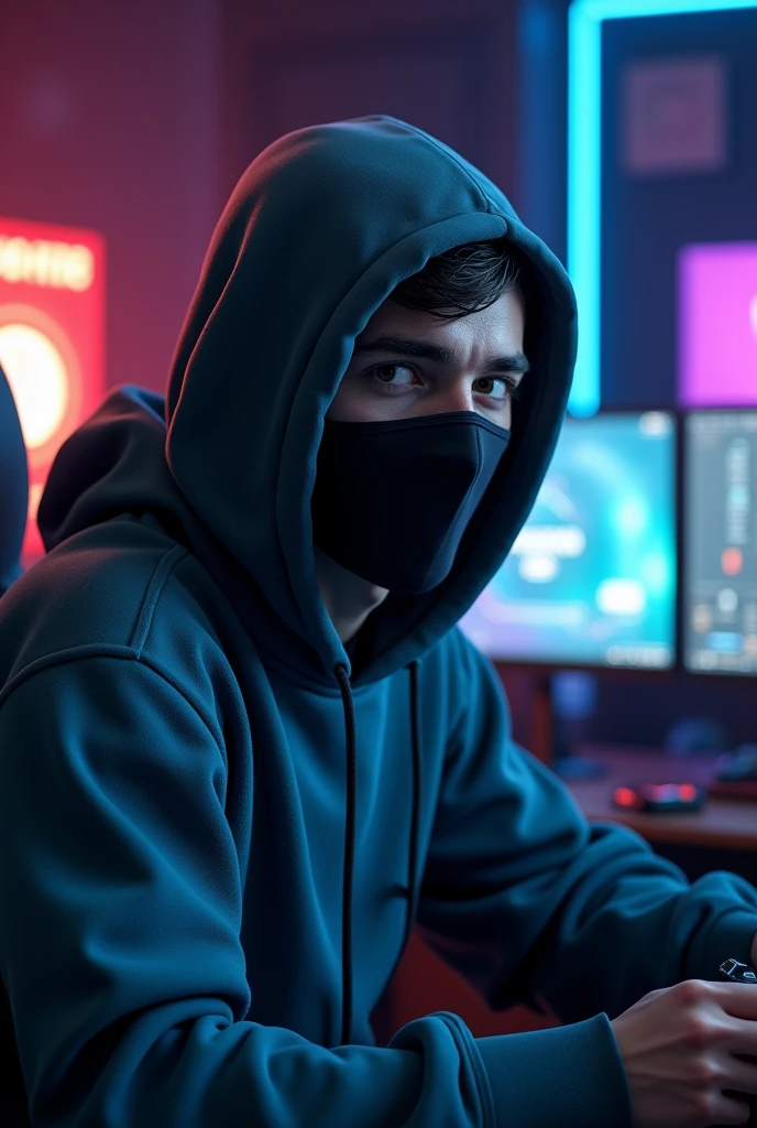 A gamer with hodie and mask