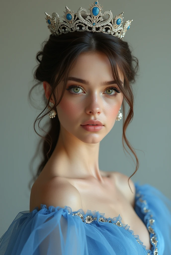 Make an ultra realistic image of a white princess,with tied hair and light brown bangs,blue realistic dress,with a crown,dark green eyes,very realistic and Brazilian face