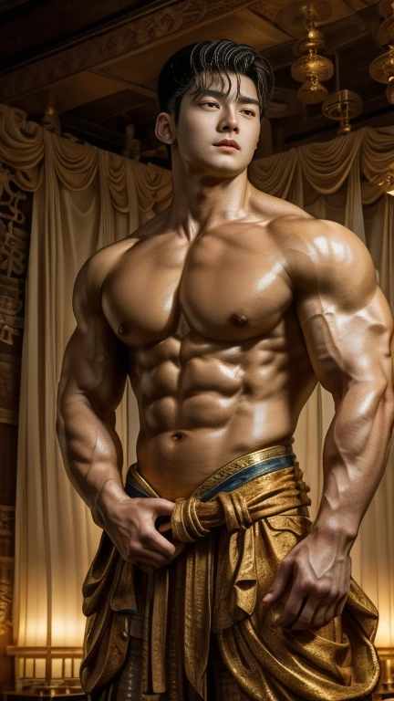 disconsolate,Ambient,artistic conception,large scene,The wind blew up the white curtains,Dattain lamps,Diffuse light,chest muscle,Shirtless, stubbles, Sideburns, musculature, Strong handsome korean guy, a golden statue of handsome men god , multiple hands holding some weapons, , Hanfu,Golden blue、Jing Qing Moqing、jackson wang, Plain cherry blue,Junyi,Dignified atmosphere,Temperament,Short hair, Flat-headed beautiful man,The light is gentle,The scene comes to life