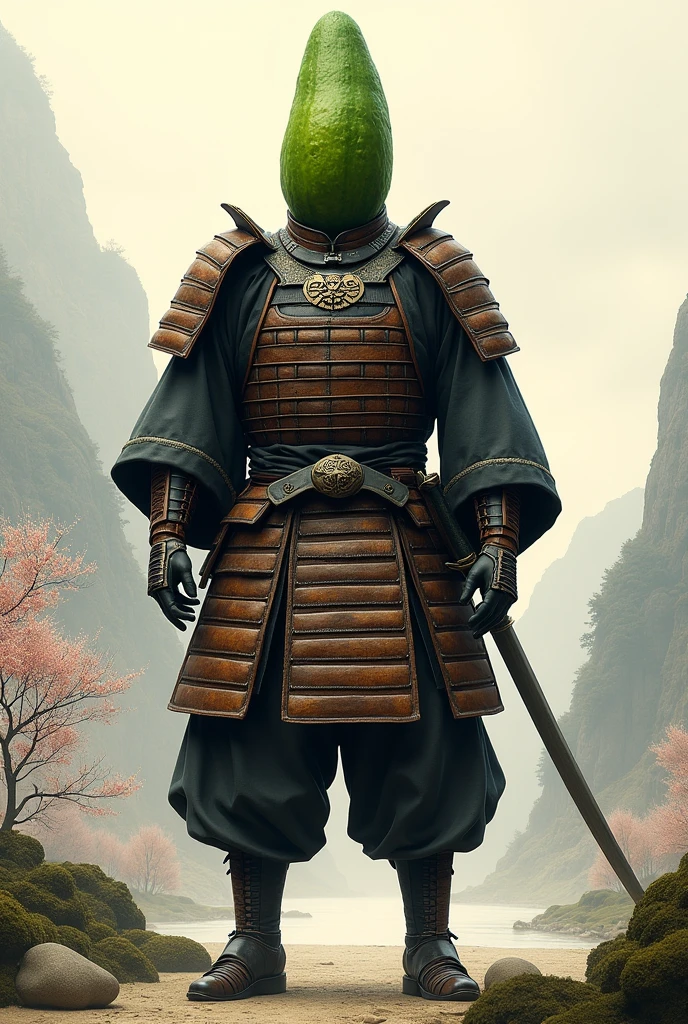 Pickle man, samurai costume, realist.