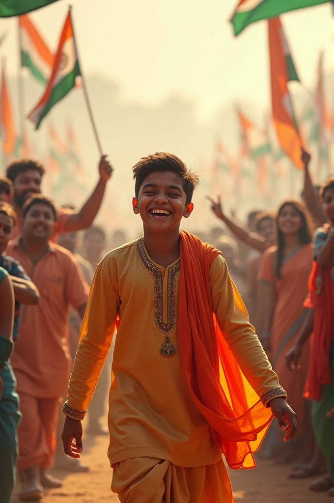 "Generate a real-life image of a 21-year-old boy joyfully celebrating Indian Independence Day. The individual is dressed in traditional Indian attire with the name 'RAJESH' prominently displayed on their clothing. The sky above them features the words 'Happy Independence Day' in a bold font. The background is alive with a crowd of people celebrating, creating a vibrant and patriotic atmosphere."
