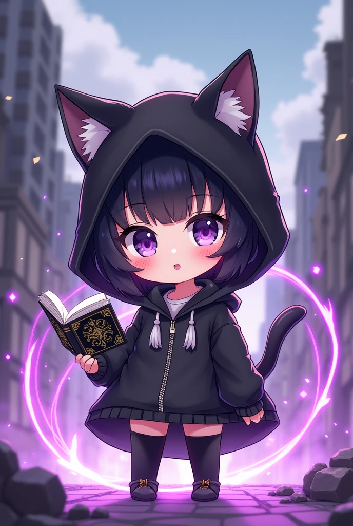 Anime figure of a girl with cat ears, hooded sweatshirt, Anime moe art style, demon slayer rui fanart, chibi!!! Catgirl, Chibi Anime Girl, black-haired magician white strands with black open magic book with decorations in one hand, Anime-Chibi, anime Catgirl, Mihoyo art style, advanced digital chibi art, chibi art, black and white clothing, Several magic circles in different colors fly around the girl, background destroyed city, a cock, more purple flashes