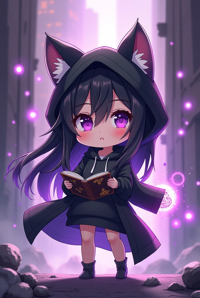 Anime figure of a girl with cat ears, hooded sweatshirt, Anime moe art style, demon slayer rui fanart, chibi!!! Catgirl, Chibi Anime Girl, black-haired magician white strands with black open magic book with decorations in one hand, Anime-Chibi, anime Catgirl, Mihoyo art style, advanced digital chibi art, chibi art, black and white clothing, Several magic circles in different colors fly around the girl, background destroyed city, a cock, more purple flashes