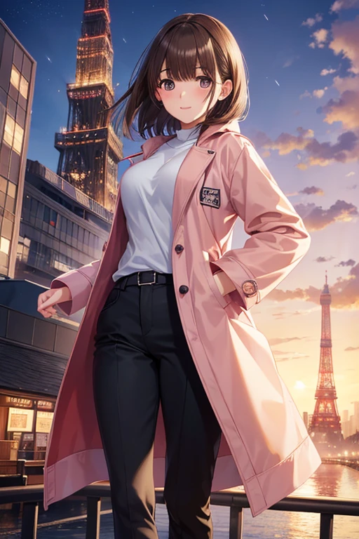 anegasaki nene、Shiny brown hair, short hair, (Beautiful brown eyes、Sparkling eyes, Fine grain)、smile、Ultra-detailed eyes、Highly detailed face, Highly detailed eyes,



(masterpiece, Highest quality, High resolution, 超High resolution, Pixel perfect, Depth of written boundary, 4K, RTTX 10.0, High resolution))),
Female anime character wearing a pink coat and black pants Blush ((Wearing a long coat)),
  Wearing long, dangling clothes,  Anime full body illustration, 
 Street Tokyo Tower background, 