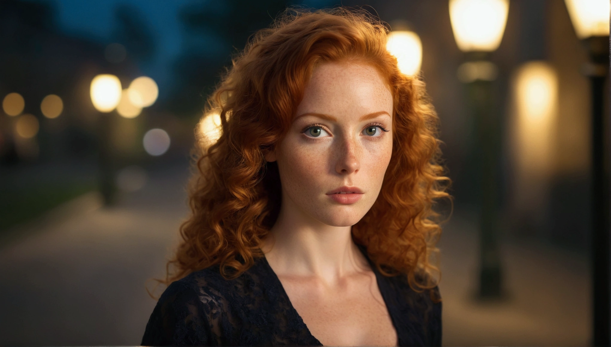 Realistic portrait of a beautiful natural red haired adult woman with a mysterious look with herself as the main subject. She has natural light red hair that is long, curly and voluminous, her skin is pale, her face is round with a few freckles, and her eyes are bright honey-colored, characteristic of a natural red haired woman. She is dressed in a beautiful, sophisticated dress and looks at the camera with a penetrating, mysterious gaze, in a nocturnal outdoor setting that suggests a beautiful square with lampposts, trees, grass and benches. The artificial side lighting is warm, highlighting the woman's face and eyes, creating soft shadows and reinforcing the mysterious tone of the scene. The background is blurred to suggest a dimly lit environment and focus on the main subject, with a bokeh effect of a few points of light suggesting streetlamps. High-resolution professional photography with extreme detail.