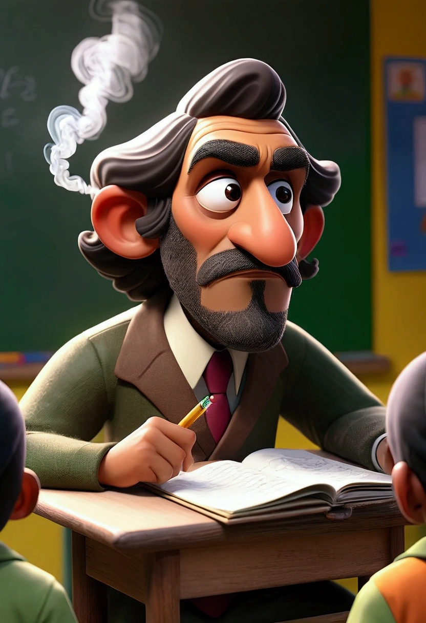 draws Mr. Hashish teaching in a classroom where all the students are indoctrinated that marijuana is bad and he is opening the minds of young people with his magic smoke of good