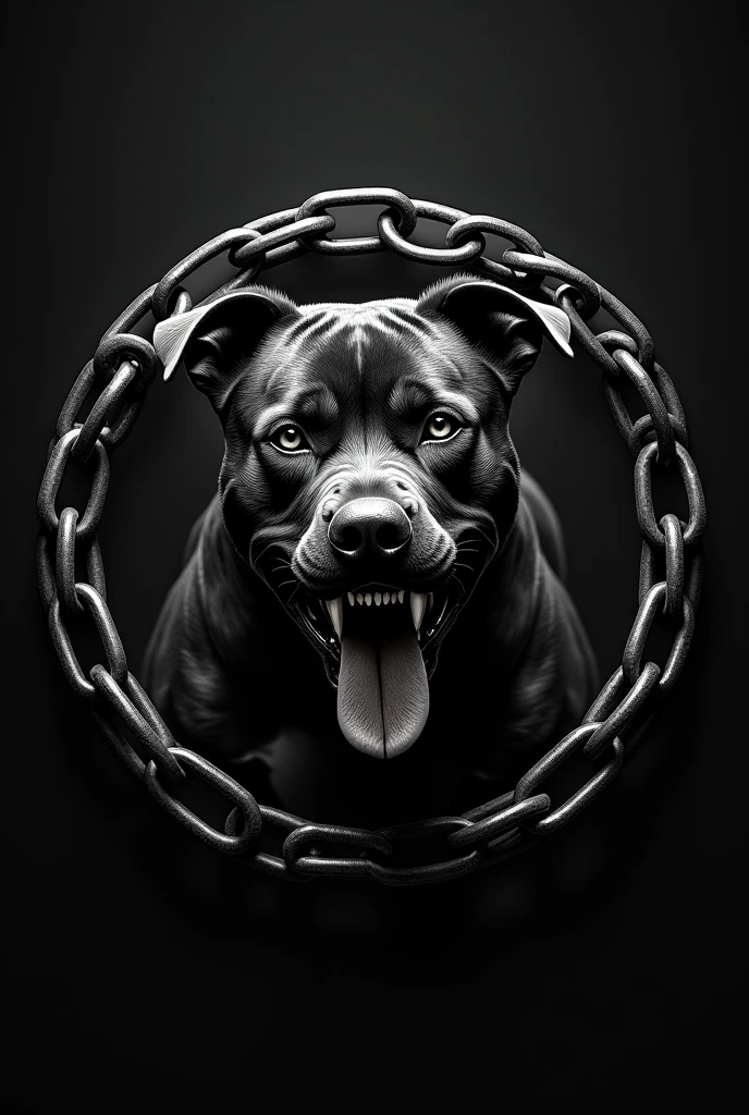 Round shield with angry black Pitbull drooling in a design with a black background and a thick chain